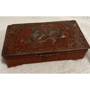 Antique Red metal Japanese cigarette or jewelry box w boat Wood Lined 6x4